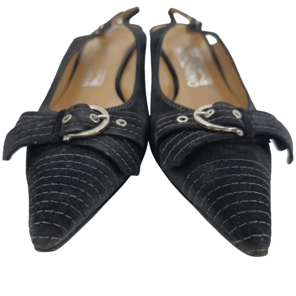 Vintage Salvatore Ferragamo Black Striped Suede Formal Slingback Kitten Heel 8AA - Picture 13 of 16